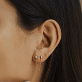 Pair of 925 Sterling Silver Double White CZ Gem with Chain Gold PVD Minimal Stud Earrings
